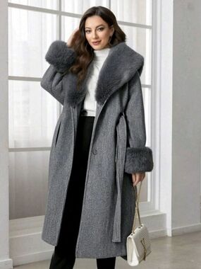 Gray Faux-Fur Trim Long Coat - Women